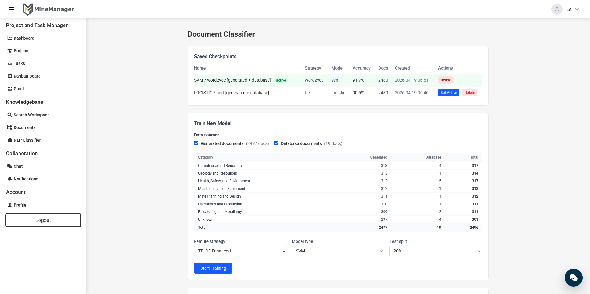 MineManager NLP classifier